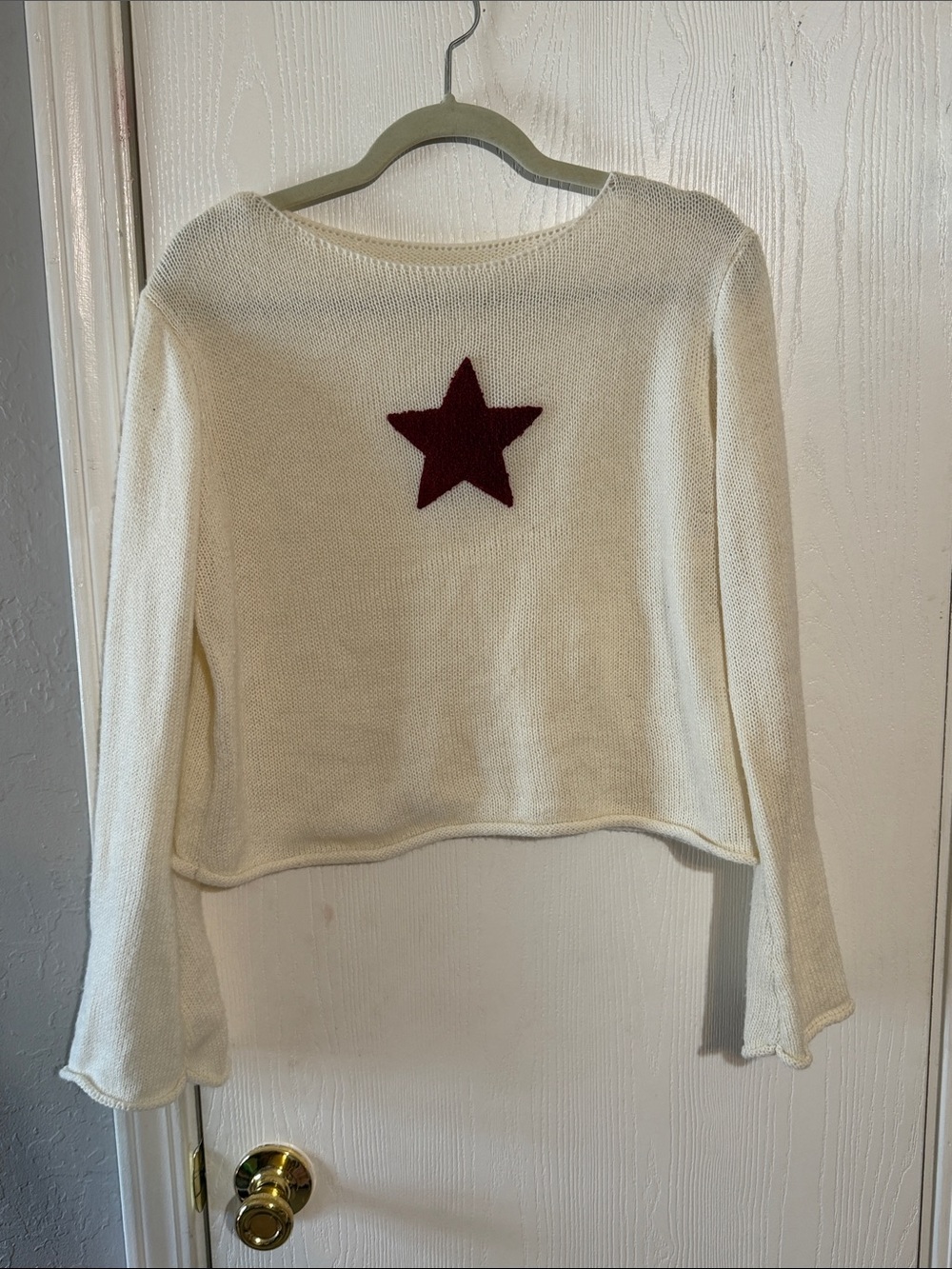 Women's Cream Knit Sweater with Red Star Accent
